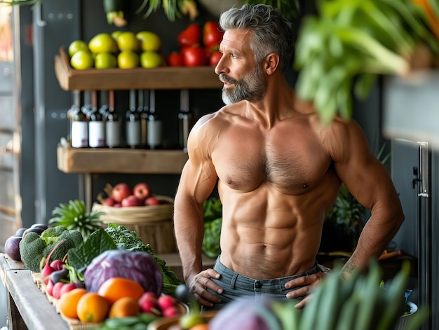 Photo a shirtless man standing in front of a store with vegetables