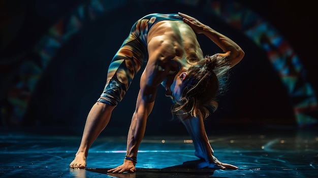 A shirtless man with long brown hair is bending over backwards with his hands on the floor in a yoga pose