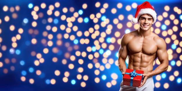 A shirtless man with a Santa hat holding a gift box against a festive bokeh light background