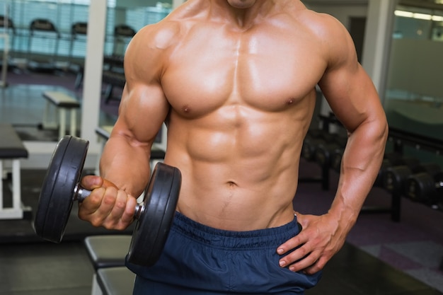 Shirtless muscular man exercising with dumbbell