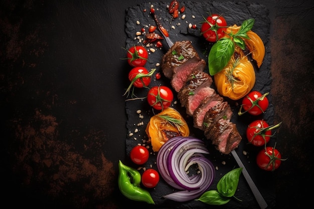 Shish kebab BBQ meat with onions and tomatoes On a black background Top view Rustic style