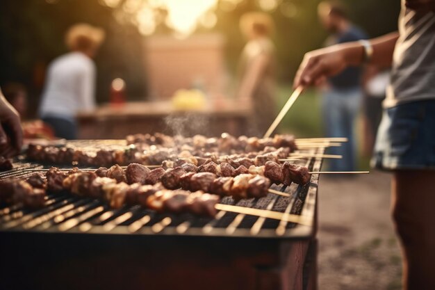 Shish kebab close-up bereid op barbecue met onscherpe mensen op een tuin generatieve ai