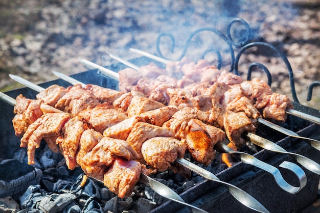 Shish kebab meat on skewers on coals in the grill