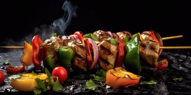 Shish kebab met gegrilde groenten over vuur op zwarte achtergrond