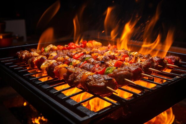 Shish kebab op spijkers op een barbecue grill met vlammen