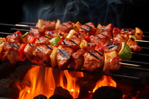 Shish kebab on skewers on a barbecue grill with flames