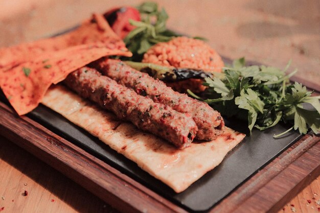 Shish kebab with fried vegetables