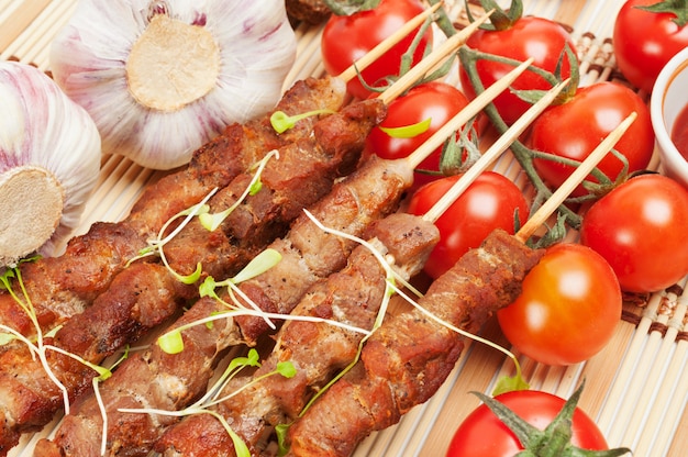 Shish kebab with herbs on a white plate