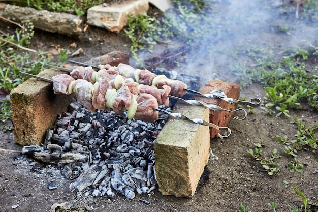 Shish kebab wordt in vuur en vlam gebakken Vlees met uien aan spiesjes wordt bereid met behulp van geïmproviseerde middelen