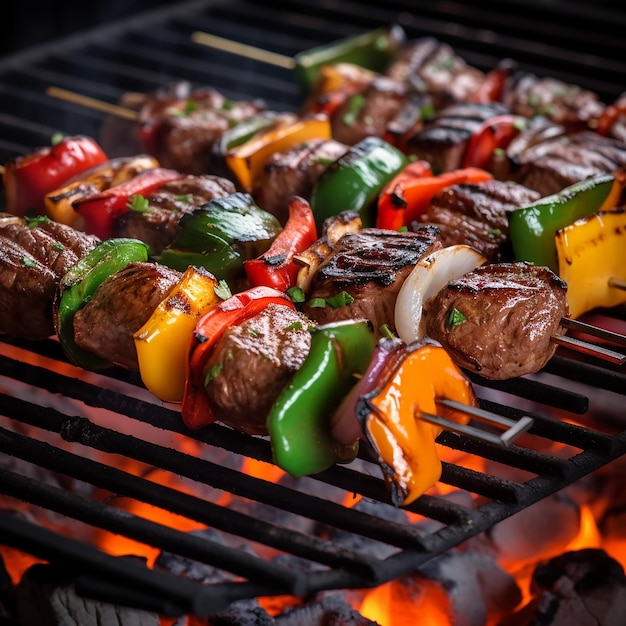 Shish kebabs grilled meat and vegetables and Beef steaks