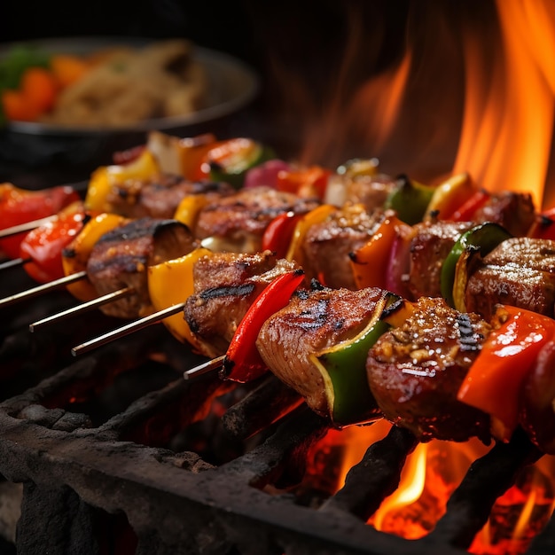 Shish kebabs grilled meat and vegetables and Beef steaks