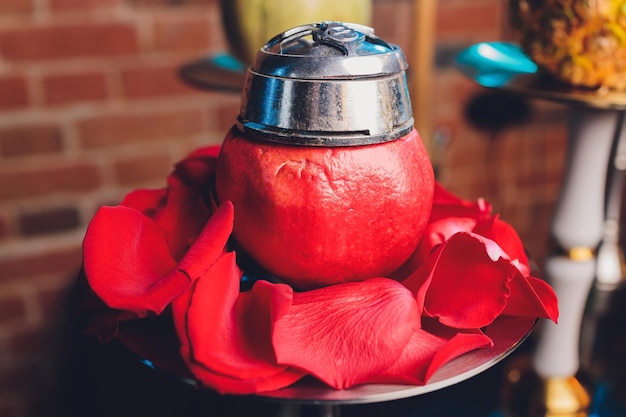 Shisha With Fruit Bowl With Colorful Smoke In Hookah Bar Closeup