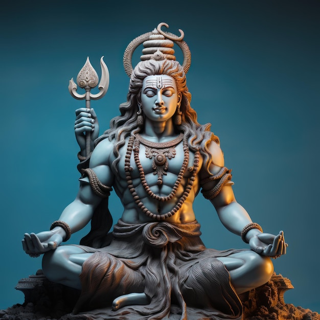 Photo shiva hindu god sculpture in meditation on blue background
