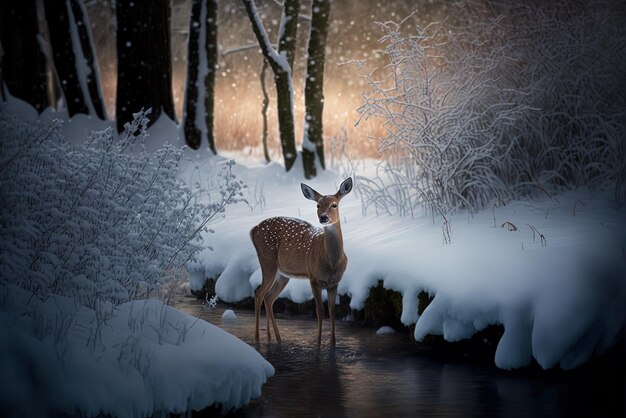 Shivering deer in the snowy woods