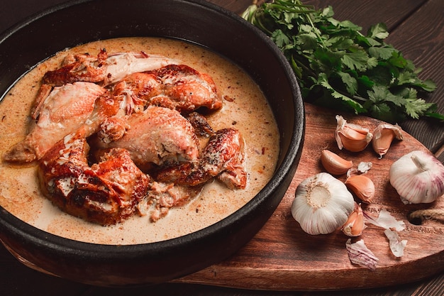 Photo shkmeruli fried chicken in milkgarlic sauce georgian cuisine homemade closeup no people