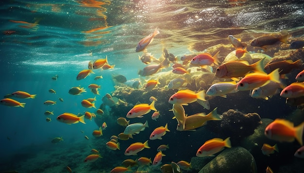 косяк рыбы с жареным картофелем, плавающий в море палитра цветов радуги фото продукта под водой