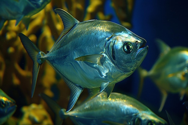 Photo shoal of hatchetfish with transparent bodies shimmering in the light