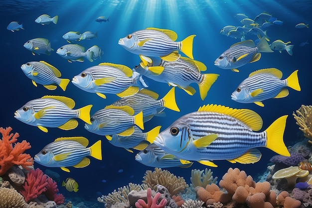 漂う美しいサンゴ礁の魚 イエローバンドド・スウィートリップス
