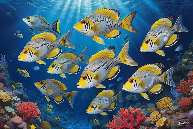 Shoaling beautiful coral reef fish Yellowbanded Sweetlips