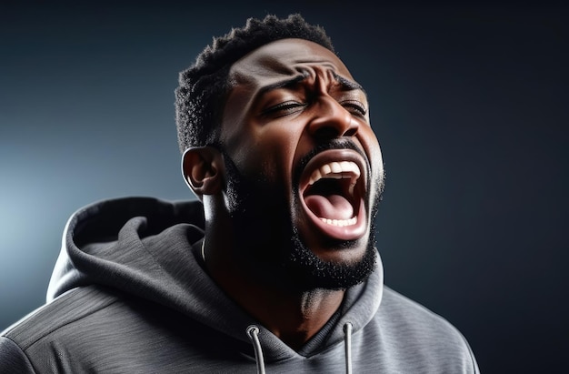 shock and emotional breakdown depression upset black man screaming crying on dark grey background