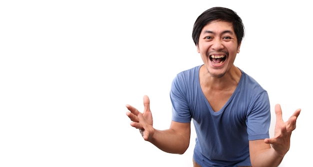 Shock and surprise face of Asian man on White background.