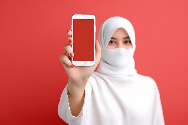 ヒジャブを着て携帯電話で話しているショックを受けたアジア系イスラム教徒の女性が黄色い背景で孤立しています