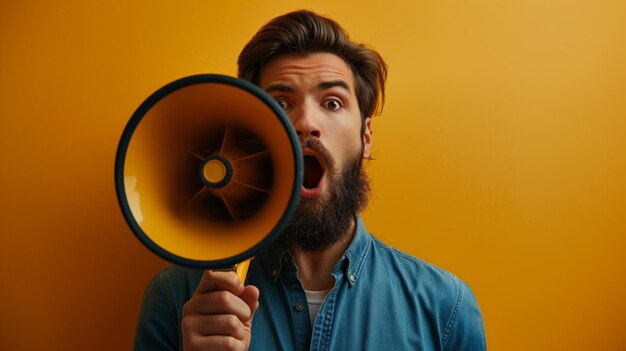 Shocked bearded man using megaphone against a vibrant background