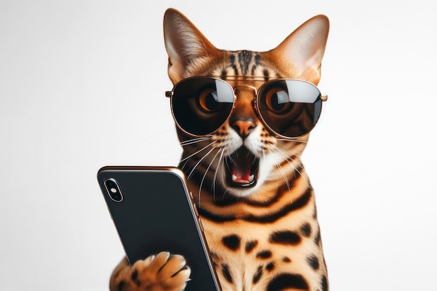 Shocked bengal cat in sunglasses holding smartphone on white background