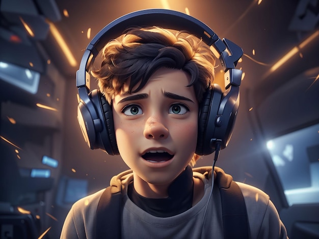 Shocked boy plays with online ufo videogames concept of technology and entertainment