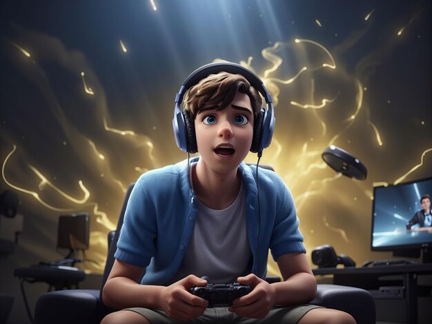 Photo shocked boy plays with online ufo videogames concept of technology and entertainment