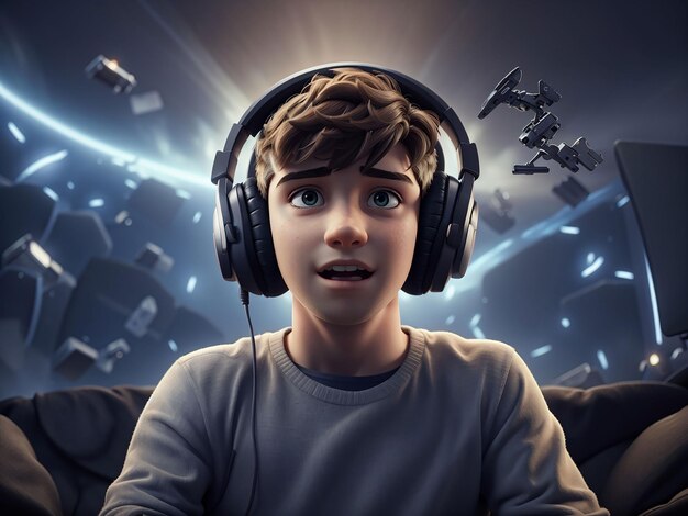 Photo shocked boy plays with online ufo videogames concept of technology and entertainment