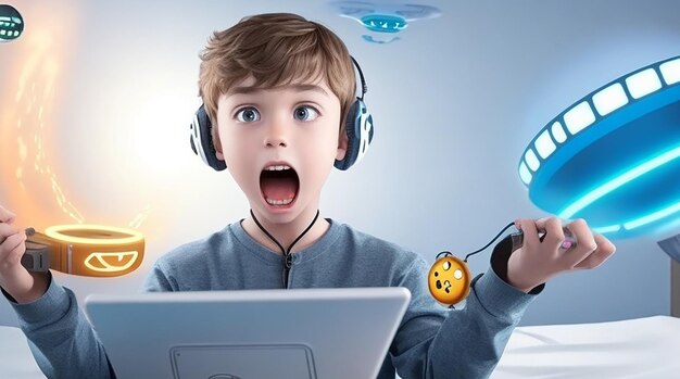 Shocked boy plays with online ufo videogames concept of technology and entertainment