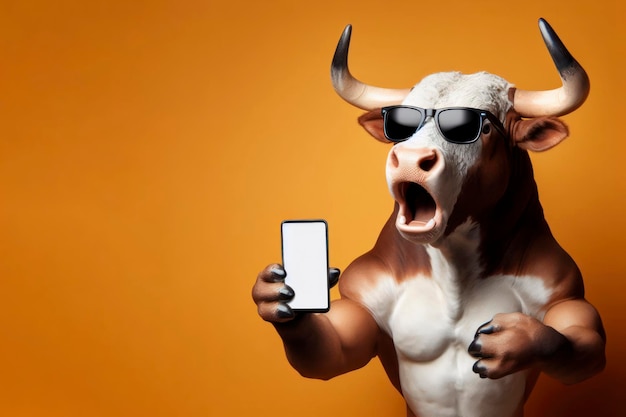 Shocked bull in sunglasses holding smartphone with white mockup screen ai generative