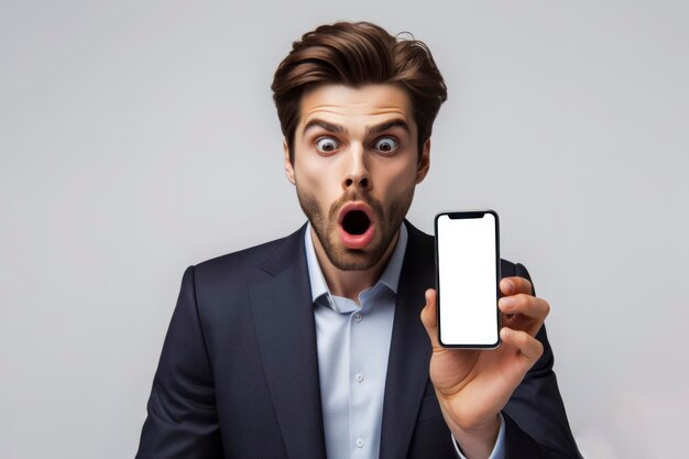 Shocked businessman holding smartphone with white mockup screen on solid background ai generative