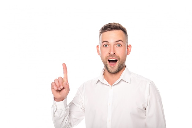 shocked businessman showing idea gesture isolated on white