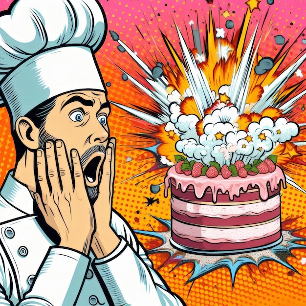 Shocked Chef with Exploding Strawberry Cake in Comic Style