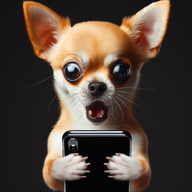 Foto cane chihuahua scioccato che usa uno smartphone isolato su uno sfondo nero