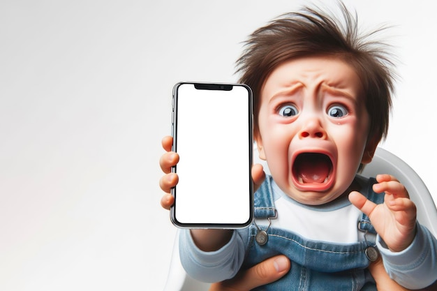 шокированный ребенок с открытым ртом плачет и держит смартфон на твердом белом фоне