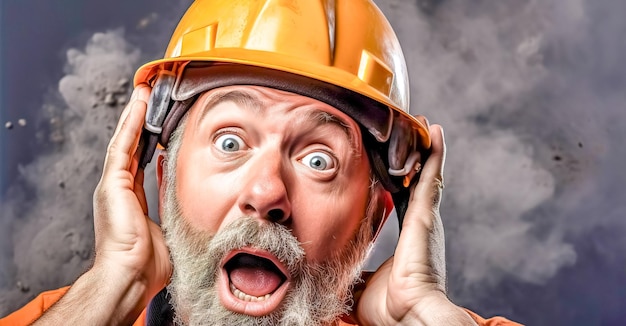 Foto un operaio edile scioccato con una barba folta che indossa un casco giallo e chiusure di giubbotto arancione