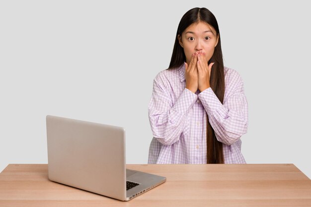 Shocked covering mouth with hands anxious to discover something new