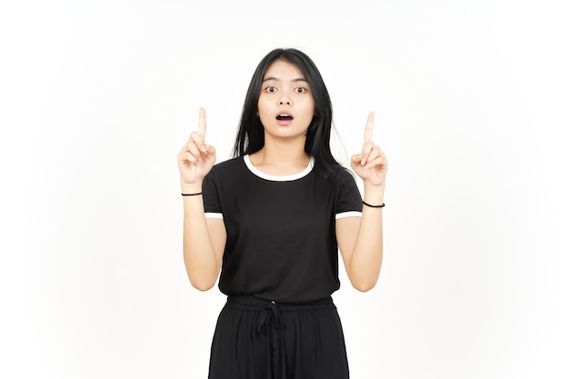 Shocked Face And Pointing Up showing blank copy space Of Beautiful Asian Woman Isolated On White