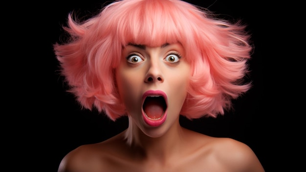 шокированная женщина с розовым париком