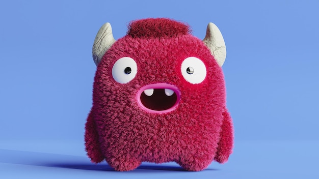 Shocked fluffy creature furry red mascot with horns 3d render