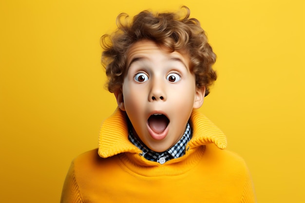 Photo shocked funny kid boy on studio isolated background surprised face excited emotions of child shock o