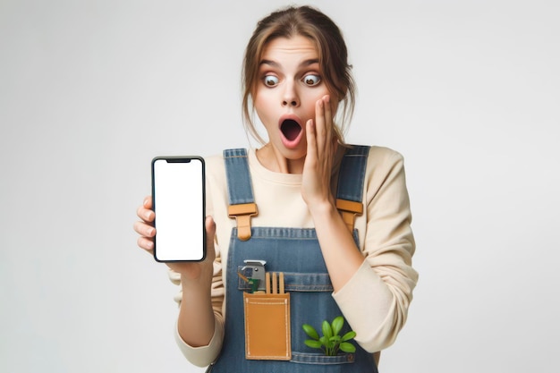 Shocked gardener worker woman holding smartphone with white mockup screen on white background