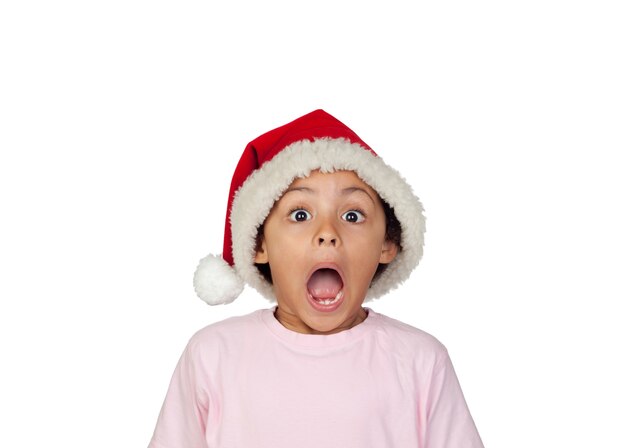 Shocked Girl Wearing Santa Hat Over White Background