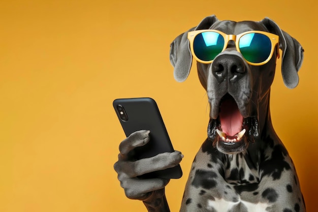 Shocked Grate dane dog in sunglasses holding smartphone on color background