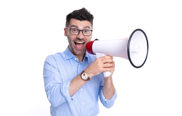 Shocked man announcer with megaphone isolated on white background man announcer