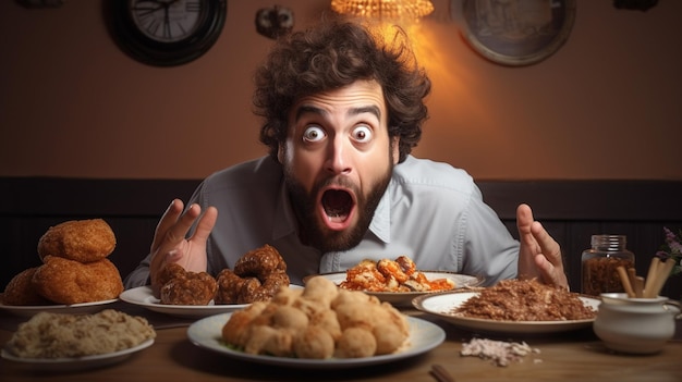 Photo shocked man holding mouth open and looking at food and looking away