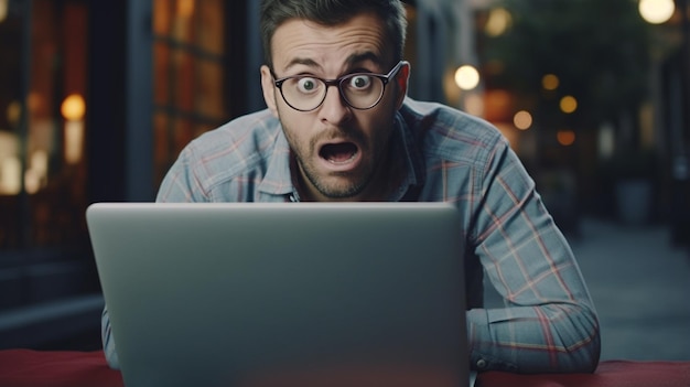 shocked man looking in laptop